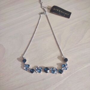 Givenchy Silver Blue Crystal Cluster Chain Necklace Y2K Bling